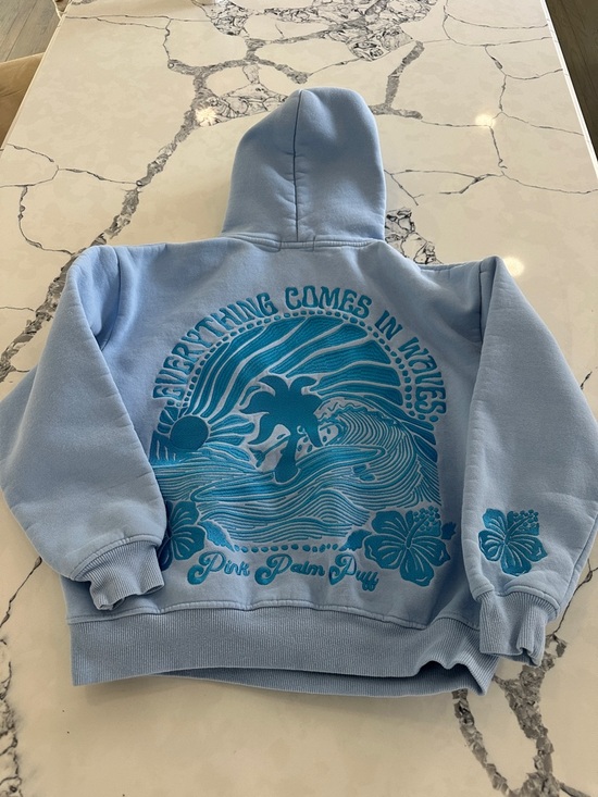 Pink Palm Puff Tops - Light Blue Hoodie w Aqua Graphic "Everything Comes in Waves" Pink Palm Puff XXS